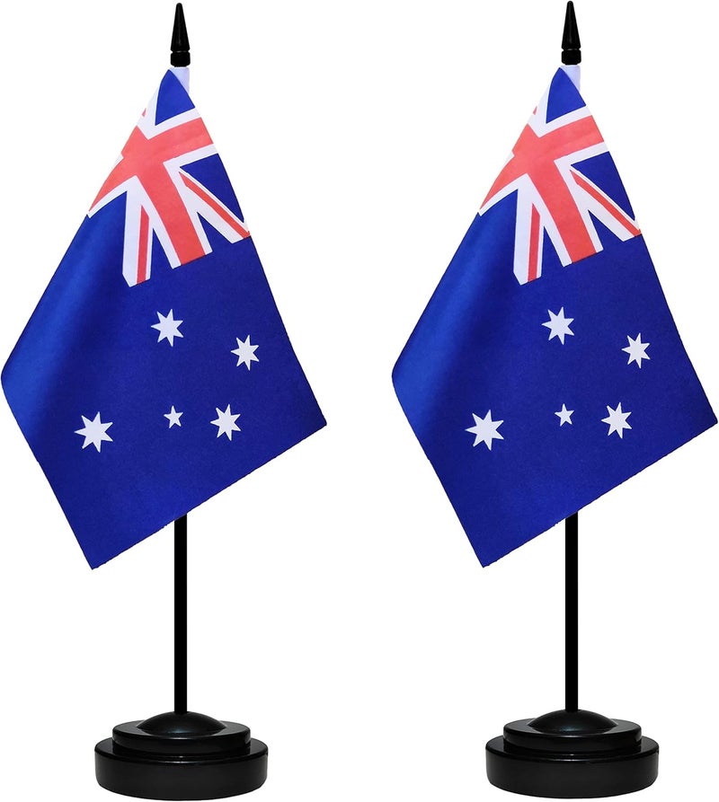 BCLin Australia Desk Flag Set, 2 Pack Australian Table Office Flags, Small Mini Desktop Flag With 12" Solid Black Pole, Black Base, Miniature Desktop Flag - Image 1